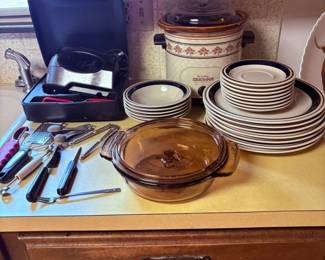hand mixer, crock pot, casserole dish, stoneware