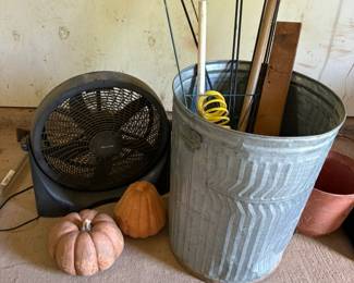 pumpkins, galvanized trash can, fan