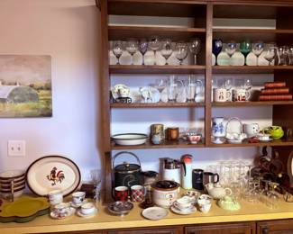 wine glasses, tea cups, Fenton basket