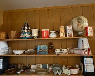 globe, Pampered chef, Tupperware, nut cracker, Corelle Ware, bowls, pitchers, fondue set, Frankoma
