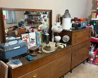 MCM chest of drawers, dresser with mirror, license plates, lamp, train case