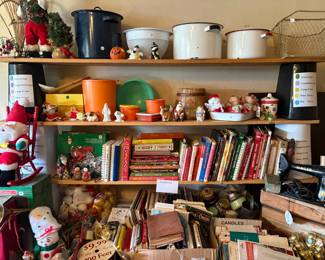 enamel ware, granite pot, cookbooks, Tupperware, Singer sewing machine