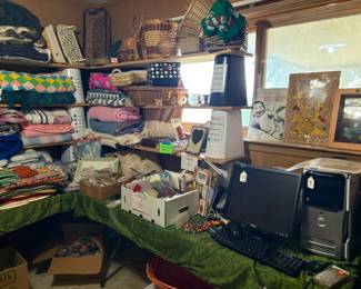 linens, sewing and office supplies, computer monitor, fax machine, CPU