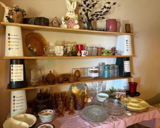 vintage jars, Tiara glassware (still has foil seal), decor, Fostoria, lazy Susan serving pieces, trays