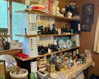 Avon bottles, Shakey's hat, decor