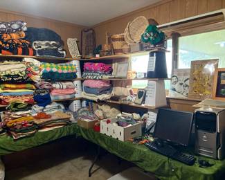 Blankets, OSU, quilts, afghans, table linens, baskets, sewing and crafting notions, monitor, CPU, fax machine