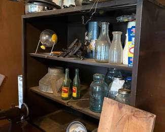 metal cabinet (has doors) pop bottles, canning, vintage jars