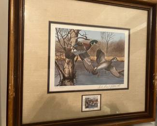 Framed Federal Stamp & Artist Signed Print- Wood Ducks Pair