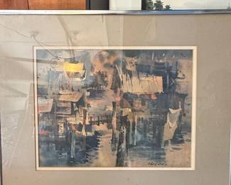 Robert E. Wood Watercolor Painting, "Gregarious Wharves" 1975