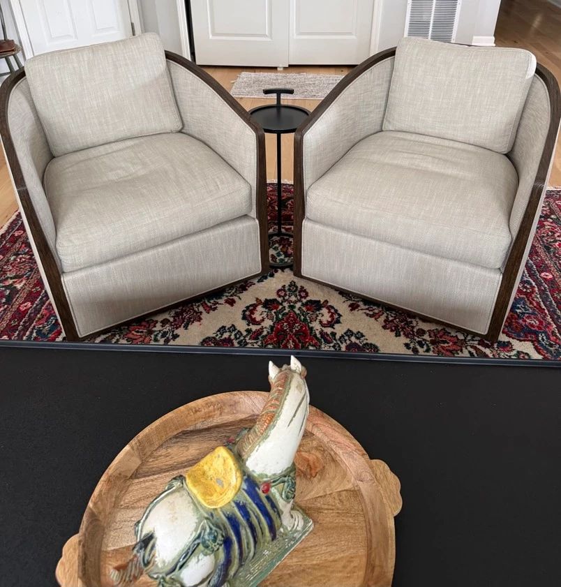 Yes the chairs swivel from Restoration Hardware & how cute is that Martini  table also from Restoration Hardware