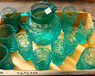 Anchor Hocking Lido Milano Turquoise Ball Pitcher & Glasses
