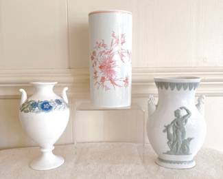 georges boyer limoges france porcelain vase pink floral pattern, wedgwood clementine vase, neoclassical style porcelain vase green cameo relief greek