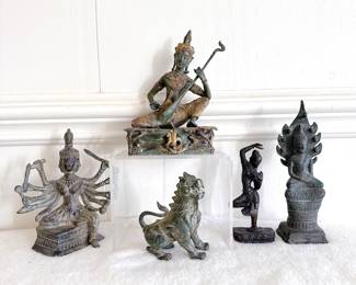 thai gilt bronze statue musician, southeast asian bronze singha foo dog, anicent bronze ten armed buddha abhugo, antique thai style bronze statue of aspara dancing, Antique Thai Sukhothai Style Bronze Meditating Naga Buddha Statue