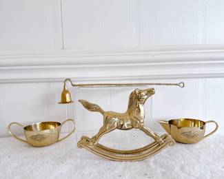 Brass rocking horse, brass cream and sugar, brass candle snuffer
