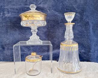 indiana glass kings crown thumbprint compote gold rim