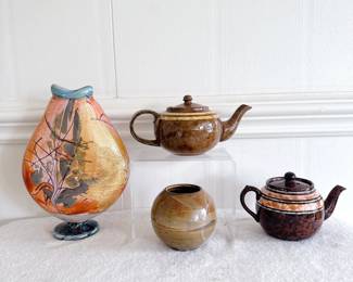 Raymond Branles Glass Artwork, rheinsberg pottery teapot, price and kensington teapot brown betty 