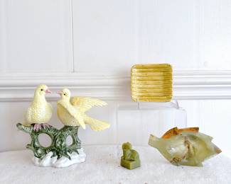 jay-willfred two yellow love birds on branch, vintage hand carved jade mouflan sheep ram, vintage green brown mcm onyx leaf trinket dish