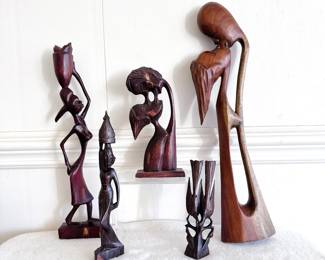 handcrafted abstract art sculpture wooden kiss, vintage hand carved wood diving bird sculpture, hand carved wooden findonesian balinese statue woman carrying container on head, hand carved wooden african folk art sculpture woman carrying water vessel on head, 