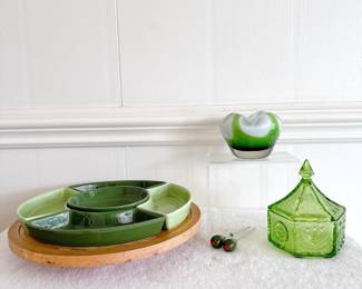 vintage indiana glass tiara colonial eagle and stars green candy dish, vintage art glass bowl green and white splash sommerso design, vtg mcm lazy susan serving set, olive cocktail picks