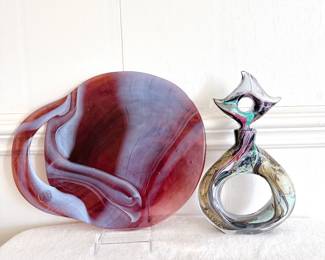 handcarfted fused glass platter, abstract art glass vase 