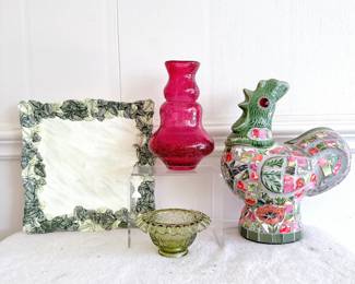 indigo gate for silvestri plate, Vintage Handmade Mosaic Furniture Tile Rooster Chicken Figurine, olive green glass bowl ruffled edge