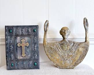 Le Sainte Bible with Silverplate Cover & Mircea Roman "Surrender" Brass Sculpture 1958