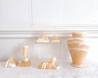 vintage egyptian alabaster calcite striped stone queen nefertiti, pyramids, sphinx figurine, and vase