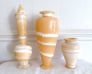 vintage Egyptian alabaster calcite striped stone vases and lamp 