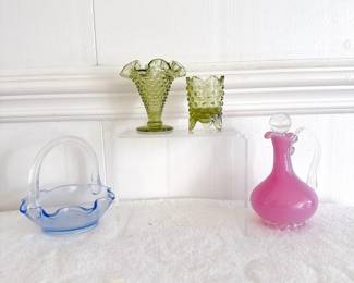 Vintage Colonial Green Fenton Hobnail Ruffled Edge Footed Vase, Vintage Fenton Colonial Green Hobnail 3-Footed Sawtooth Toothpick Holder, cranberry opaline glass cruet, blue glass basket ruffled