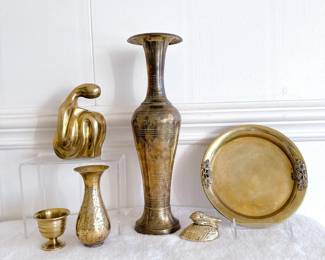 vintage brass tall etched vase, libre de vama romania brass statue abstract biomorphic style, vintage brass pelican figurine trinket box, brass tray