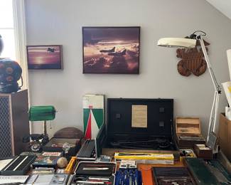 lots of vintage goodies, TWA and solid wood desk