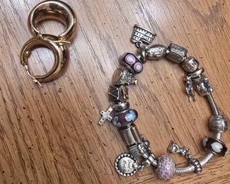 Gold earings and sterling pandora bracelet 