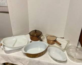 Pyrex and Miscellaneous Casserole Dishes, Glass Saucepans And More