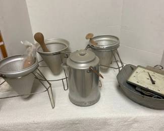 Apple Sauce Mashers, Hanging Scale, Coffee Pot
