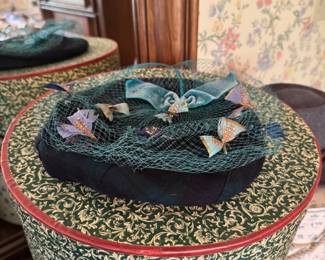 Green Velvet pill box hat with mesh