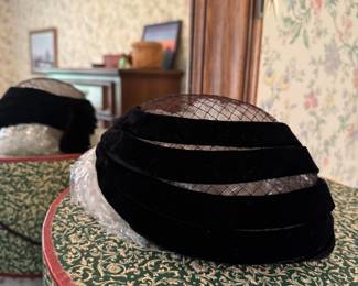 Black Velvet Pill Box Hat with Mesh