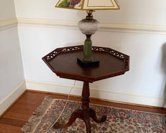 pie crust vintage side table and converted oil lamp