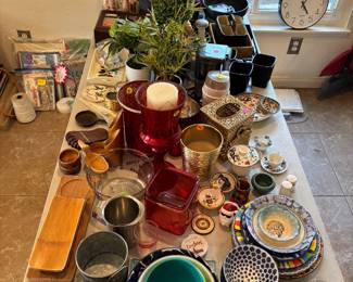 Red, gold, wooden glassware, kitchenware and home decor