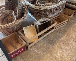 Woven baskets and wood crates