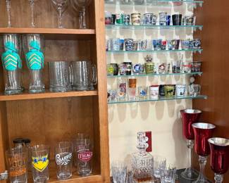 Large shot glass collection, crystal decanter set