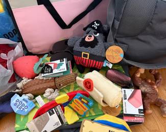 Bark Box dog toys, small metal play pen, Outward Hound carry pack