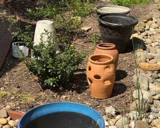 Assorted pots including Craven Pottery strawberry pot