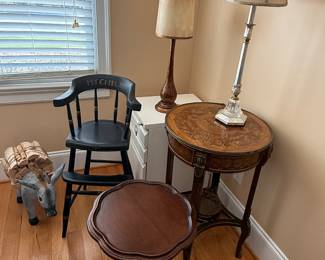 Antique pie table and high chair, filing cabinet, lamps