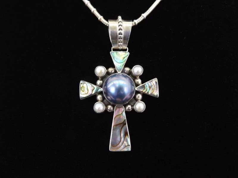 .925 Sterling Silver Abalone and Black Pearl Cross Pendant and Thick Necklace