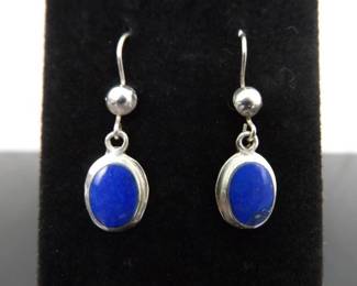.925 Sterling Silver Lapis Lazuli Cabochon Dangle Hook Earrings