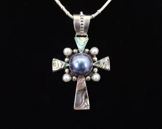 .925 Sterling Silver Abalone and Black Pearl Cross Pendant and Thick Necklace