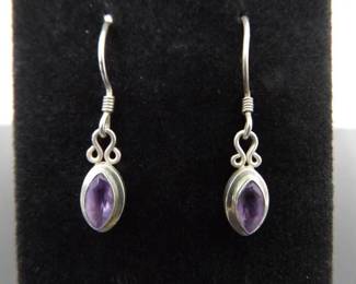 .925 Sterling Silver Amethyst Dangle Hook Earrings