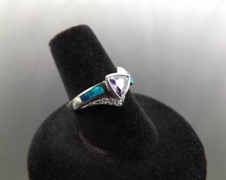 .925 Sterling Silver Amethyst and inlayed Opal Crystal Ring Size 7