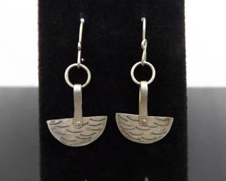 .925 Sterling Silver Half Moon River Waves Dangle Hook Earrings