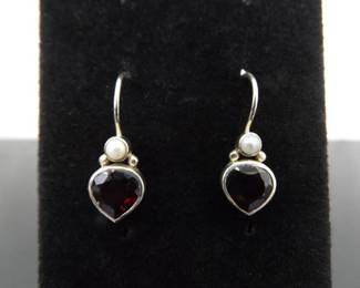 .925 Sterling Silver Silpada Garnet and Pearl Hook Earrings